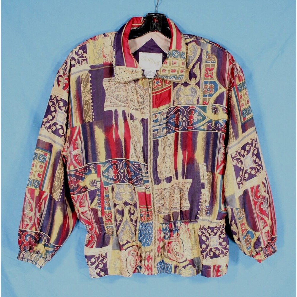 Vintage EAST WEST 100% SILK Zip-Up BAROQUE PATCHWORK Peplum TRACK JACKET Sz S